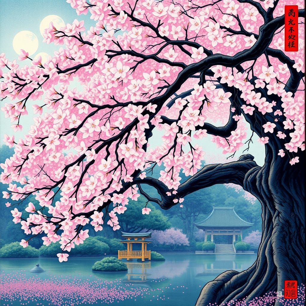 Japanese Cherry Blossom Tree in Woodblock Print Style
