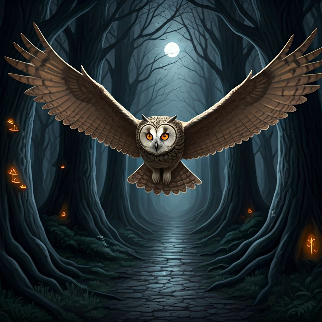 Wise Owl Soars Through Enchanted Forest on Halloween Night
