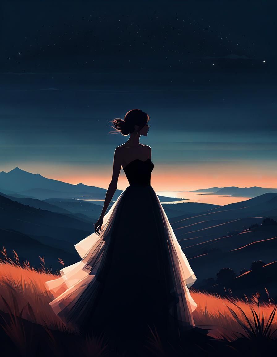 Silhouette of Girl in Tulle Dress at Night