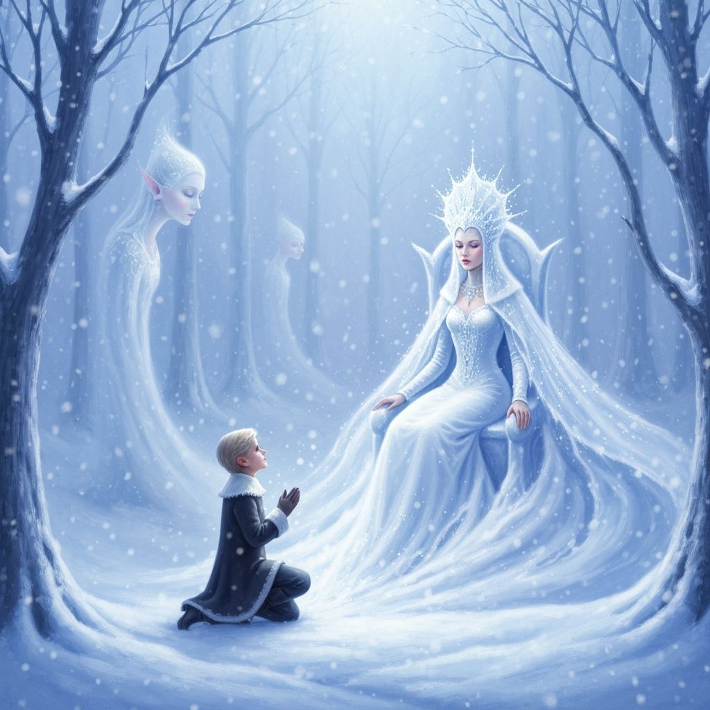 Snow Queen and Boy in Icy Forest