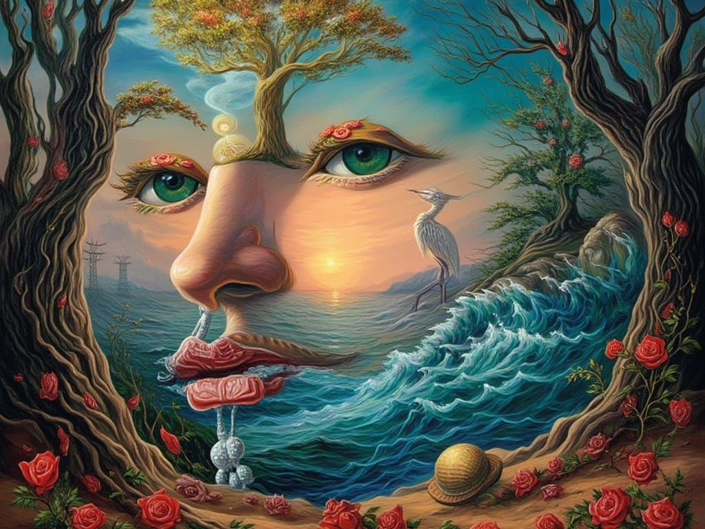 Surreal Paper Zen Garden with Heron and Divine Hand