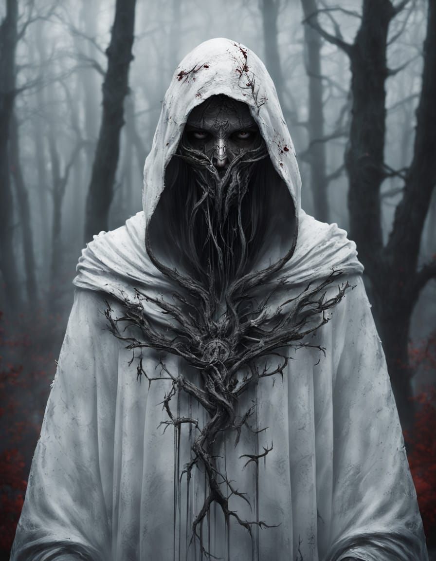 Ethereal Fallen Angel Cultist in Haunting Winter Woods