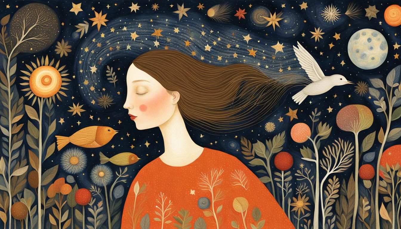 Dreamy Girl in Galaxy of Mythical Creatures