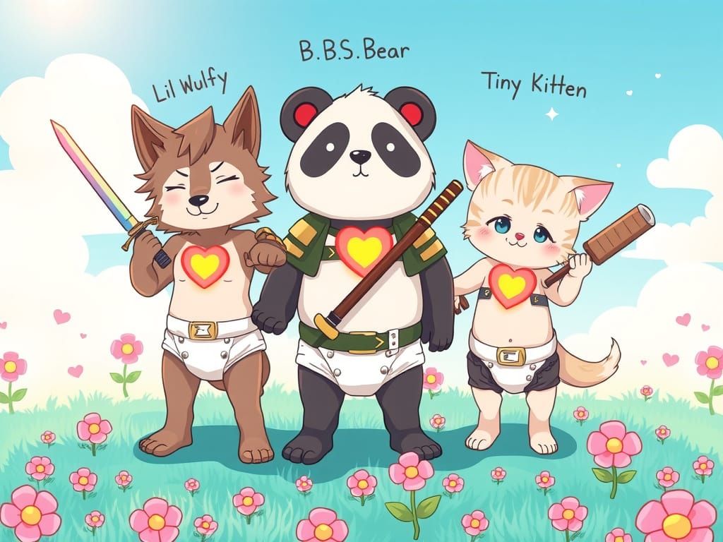 Cute Samurai Fur Babies in Vibrant Anime Landscape