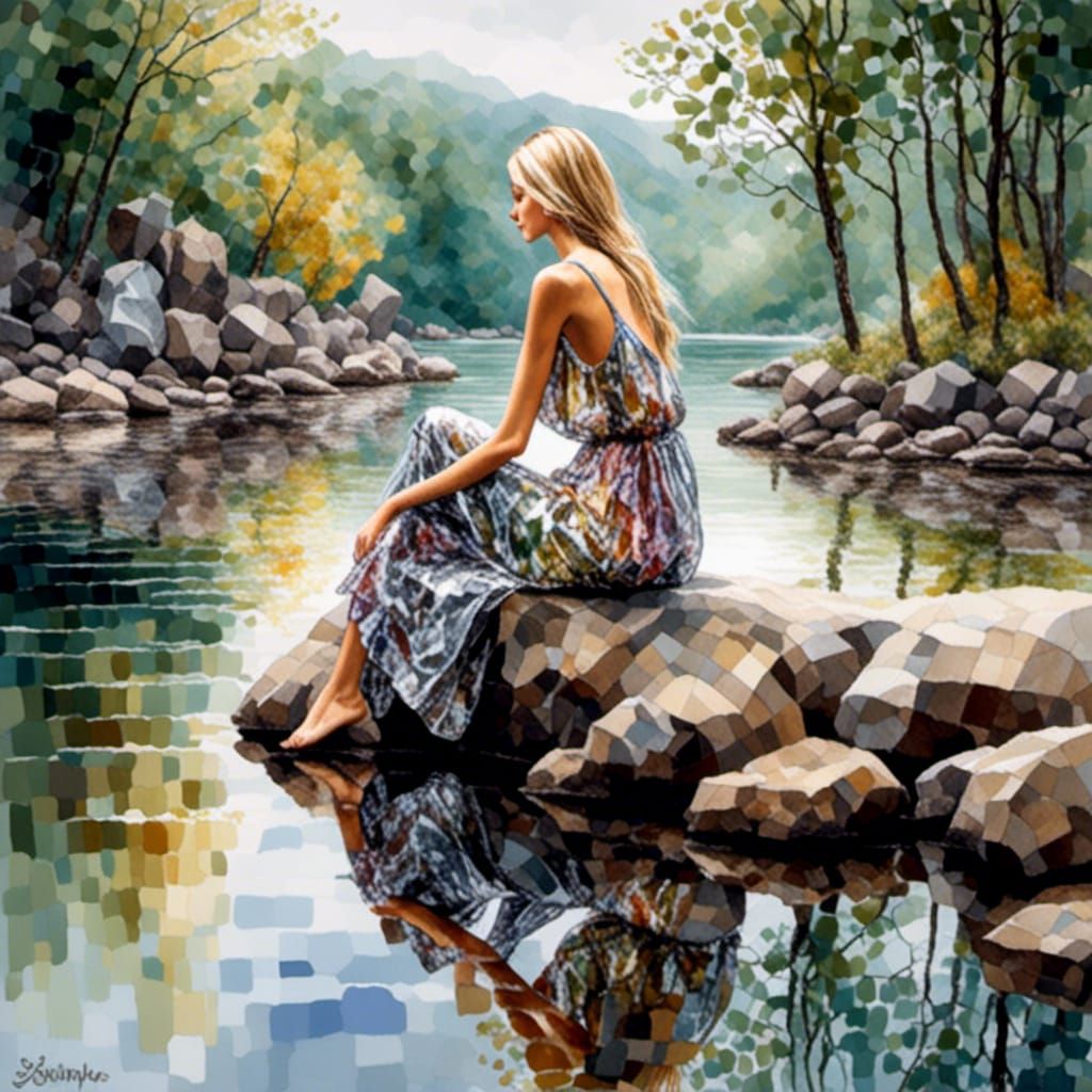 Woman by River in Fine Art Oil Painting