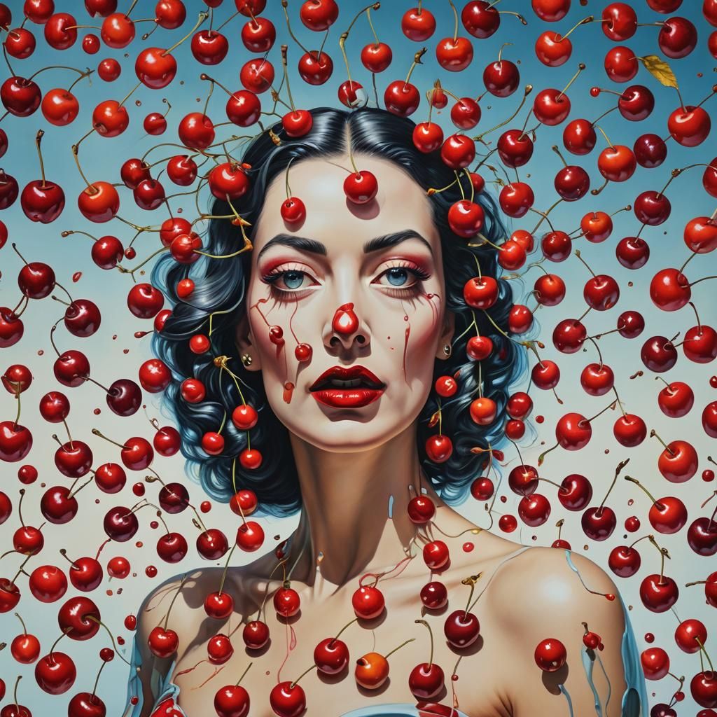 Surreal Cherry Woman Double Exposure in Dali Style