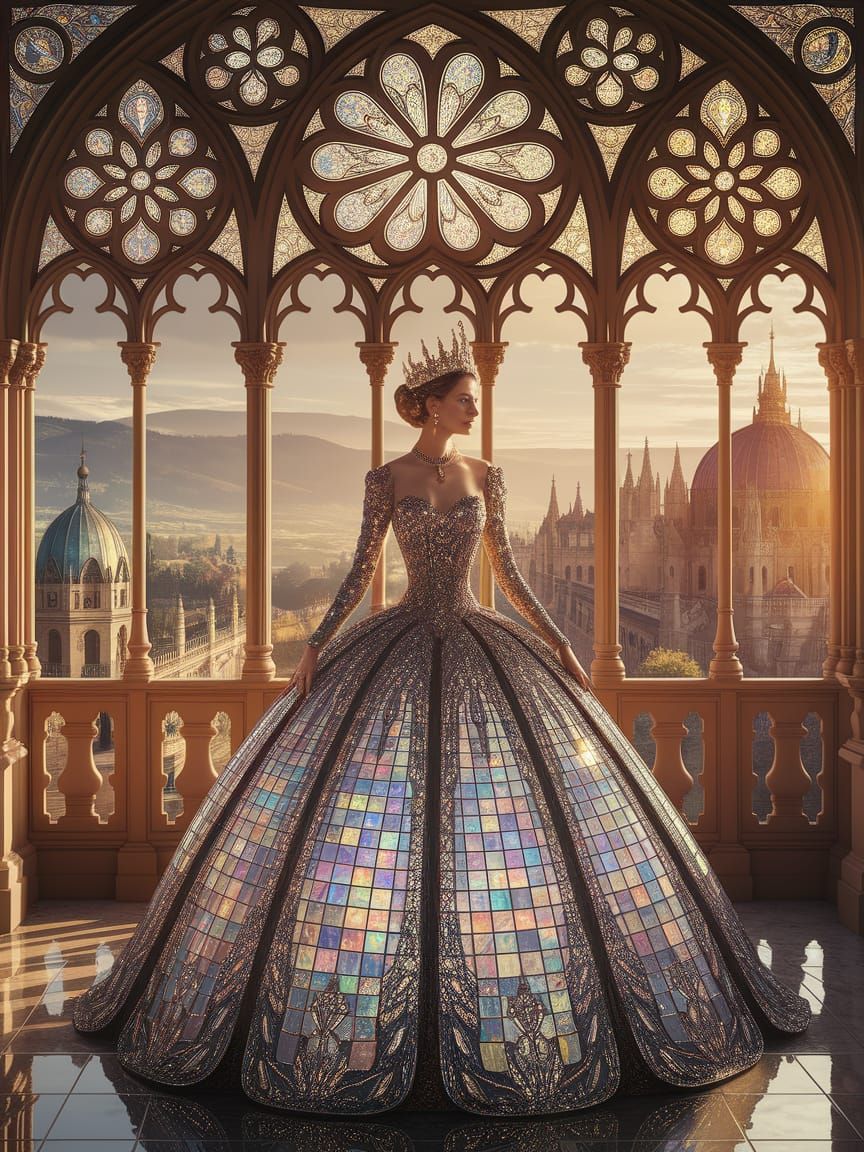 Regal Queen in Stained Glass Gown Overlooking Medieval City