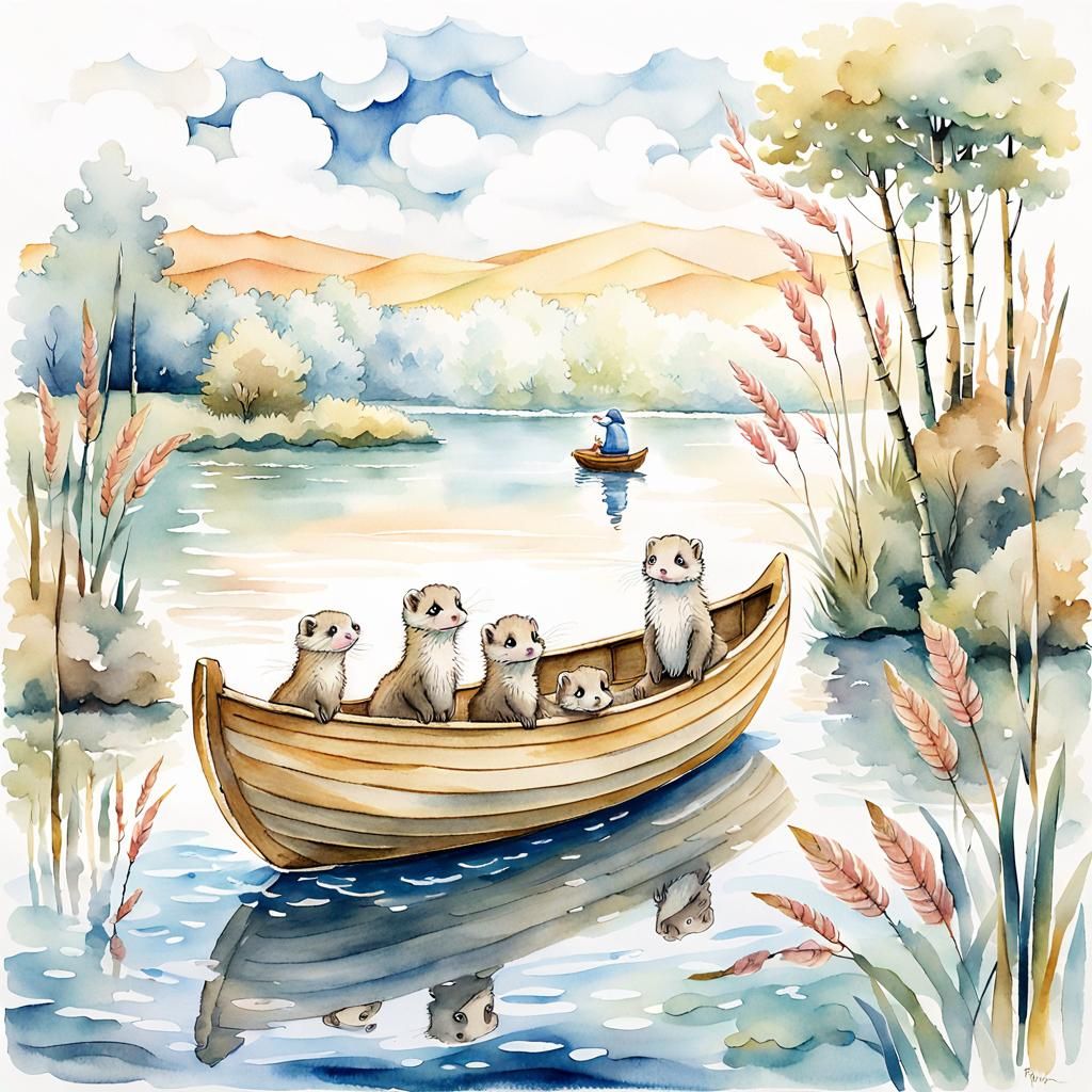 Ferrets Sailing: A Whimsical Watercolor Illustration