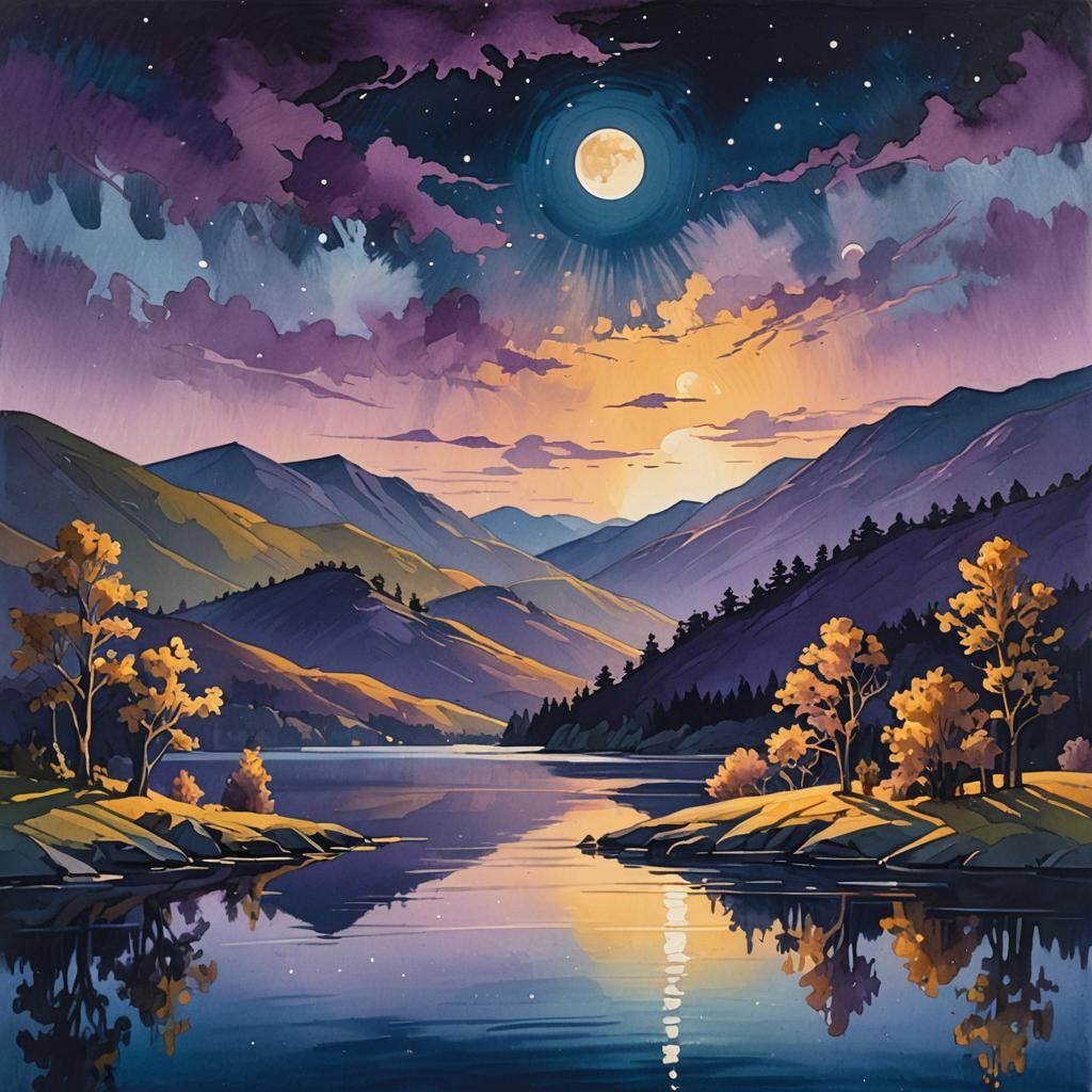 Moonlit Landscape in Gouache with Rolling Hills