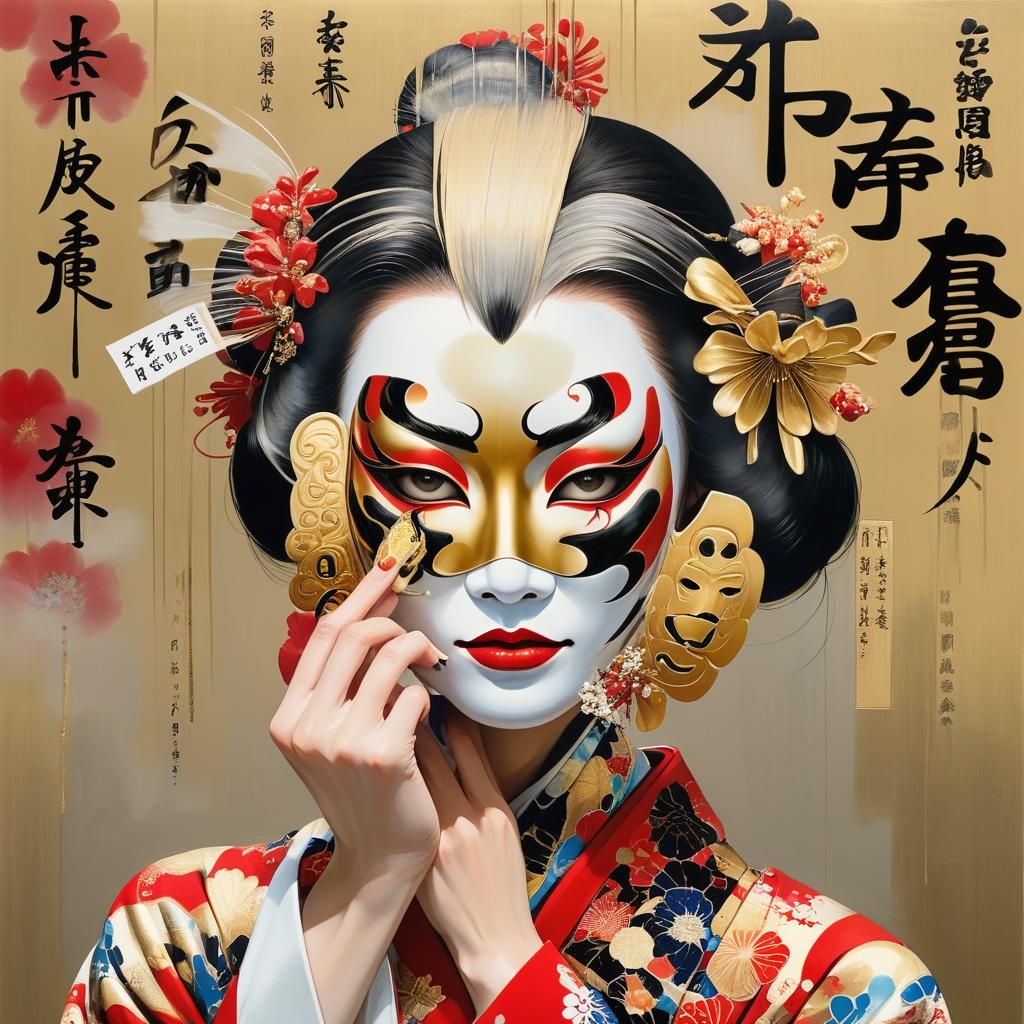 Kabuki Woman Holding Mask in Magical Realism Style