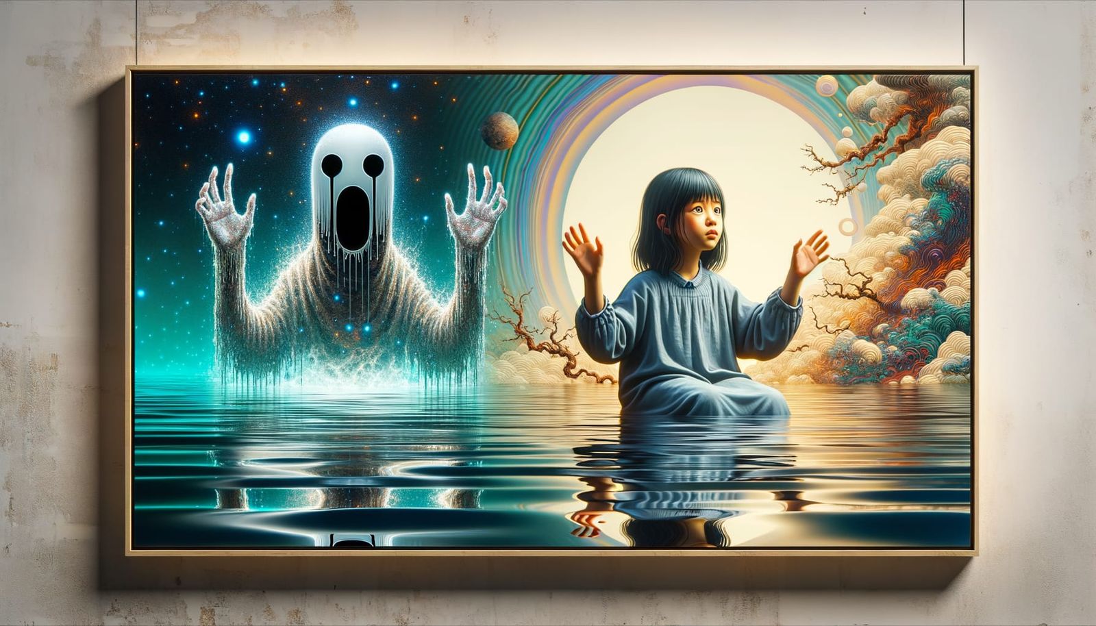 Ethereal Girl on Water in Vintage Japanese Style