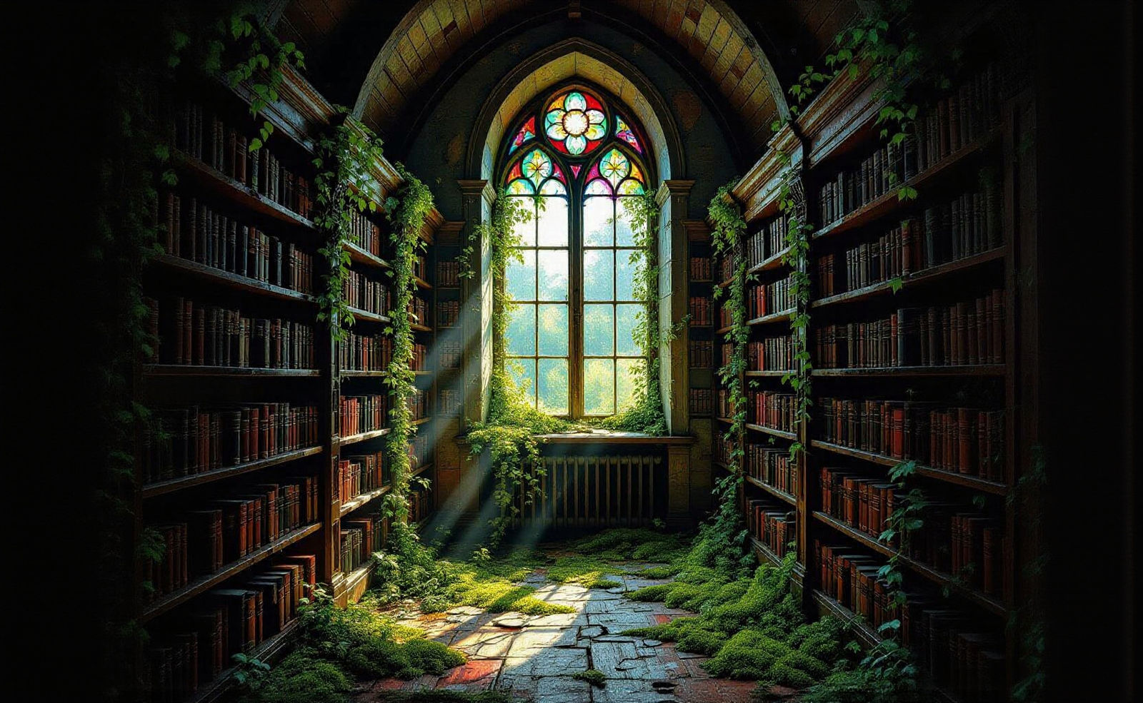 Overgrown Library Reclaimed by Nature in Vibrant Impasto Sty...