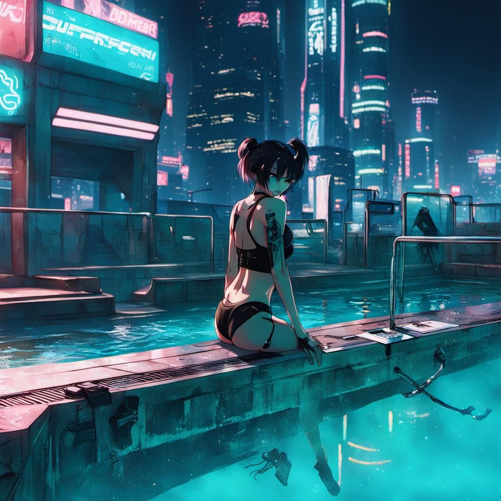 Anime Girl in Cyberpunk Swimming Pool Photo