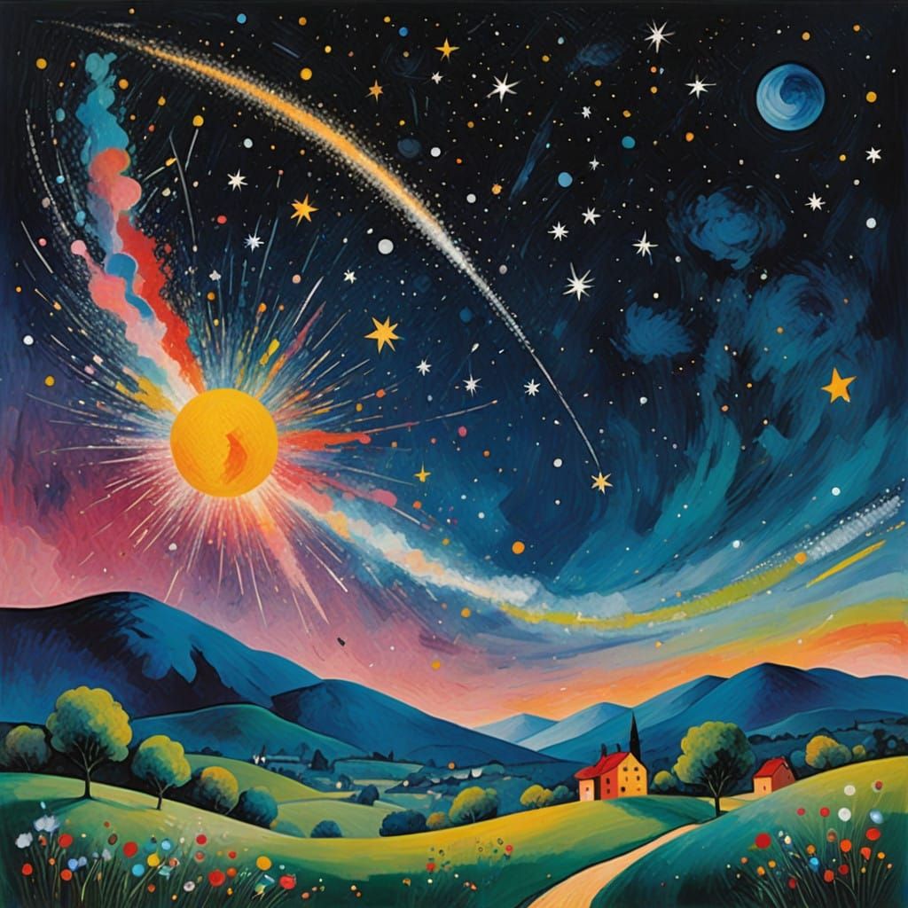 Whimsical Celestial Comet Descends in Dreamlike Colors