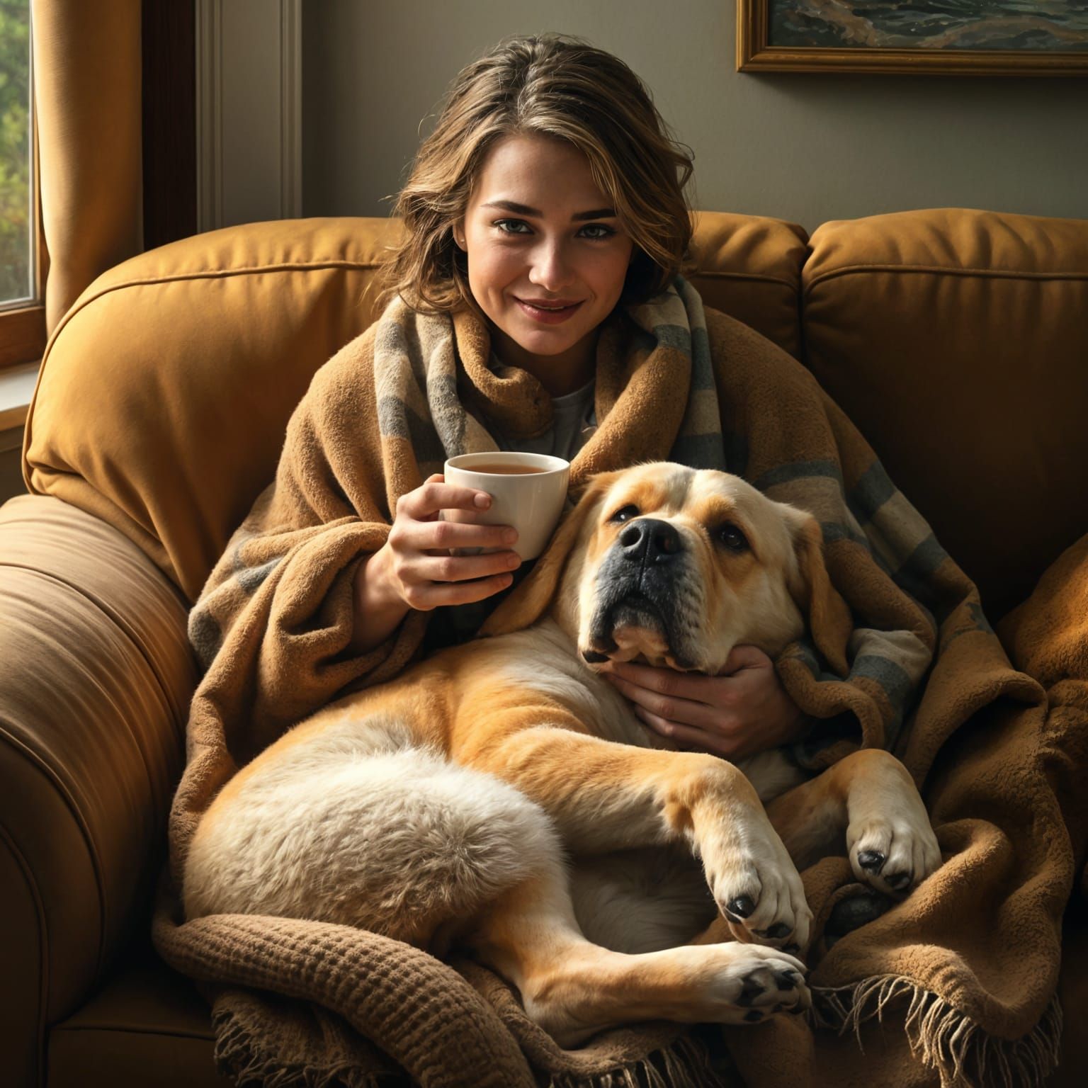 Cozy Woman with Dog Relaxing on Couch