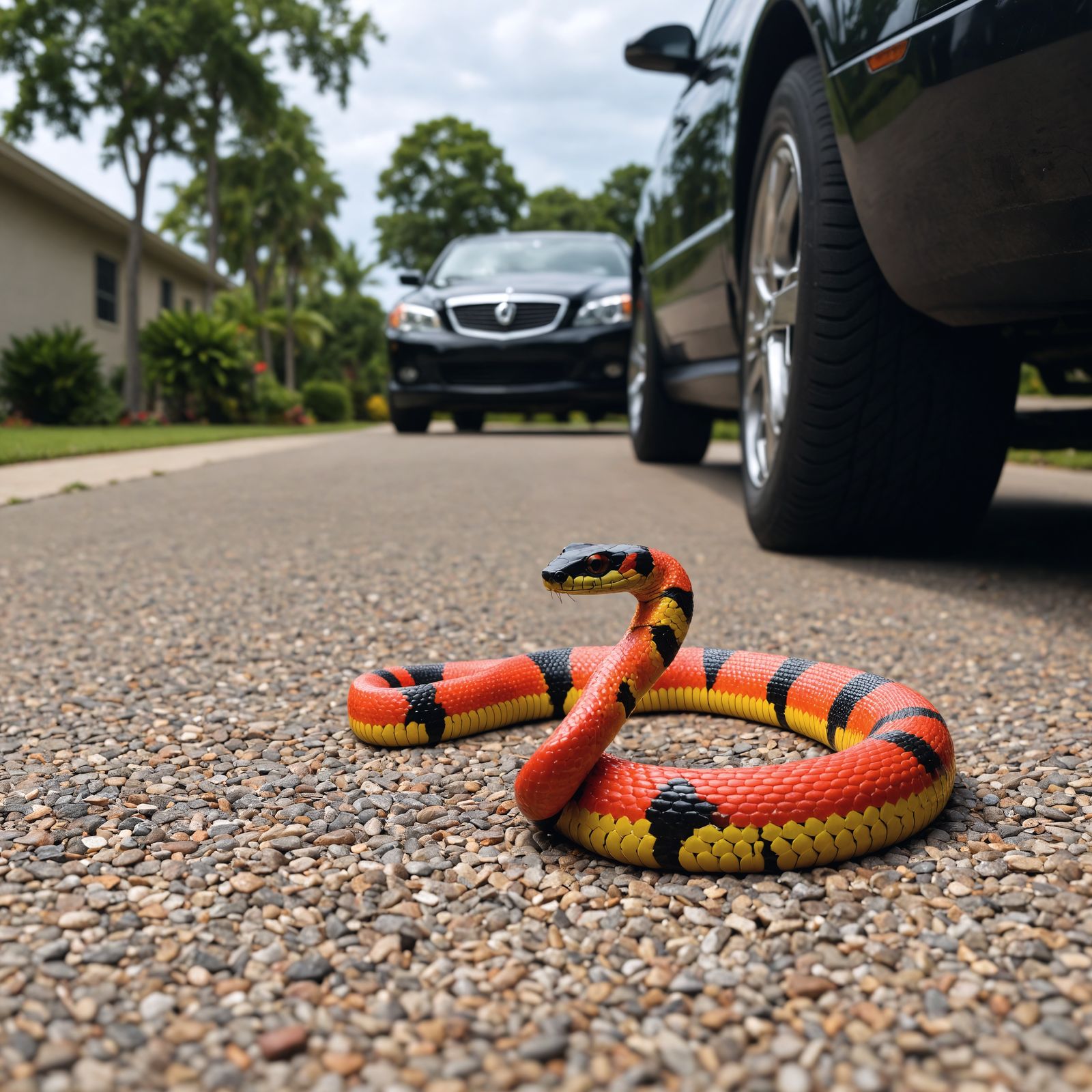 Coral Snake in Driveway With Cars