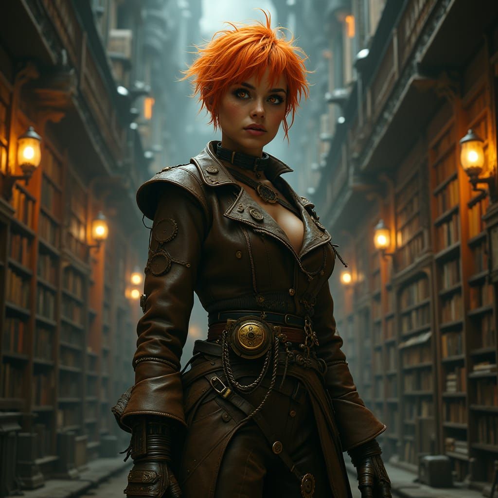 Dieselpunk Oracle in a Steam-Filled Library