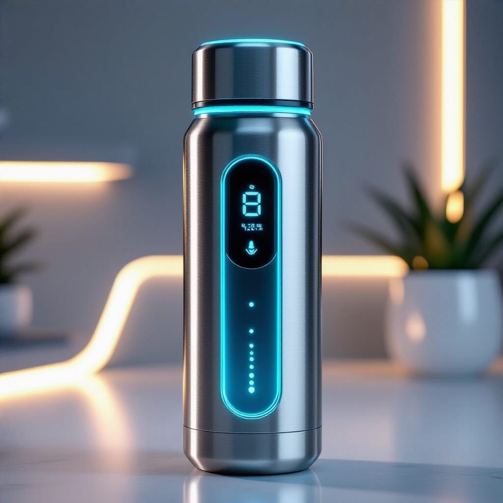 Futuristic Water Bottle with Holographic Display and LED Acc...