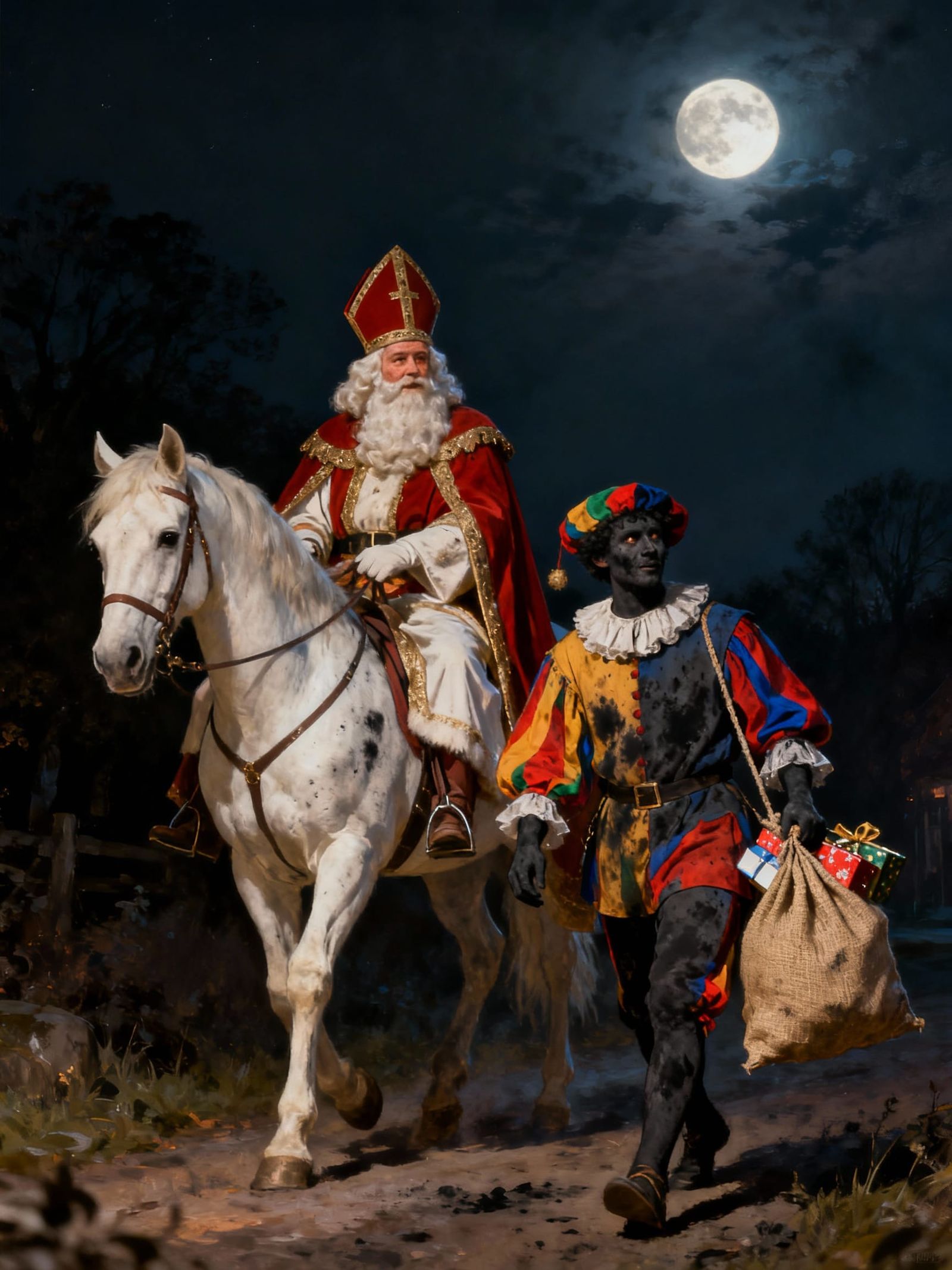Sinterklaas and Piet on Horseback Under Full Moon