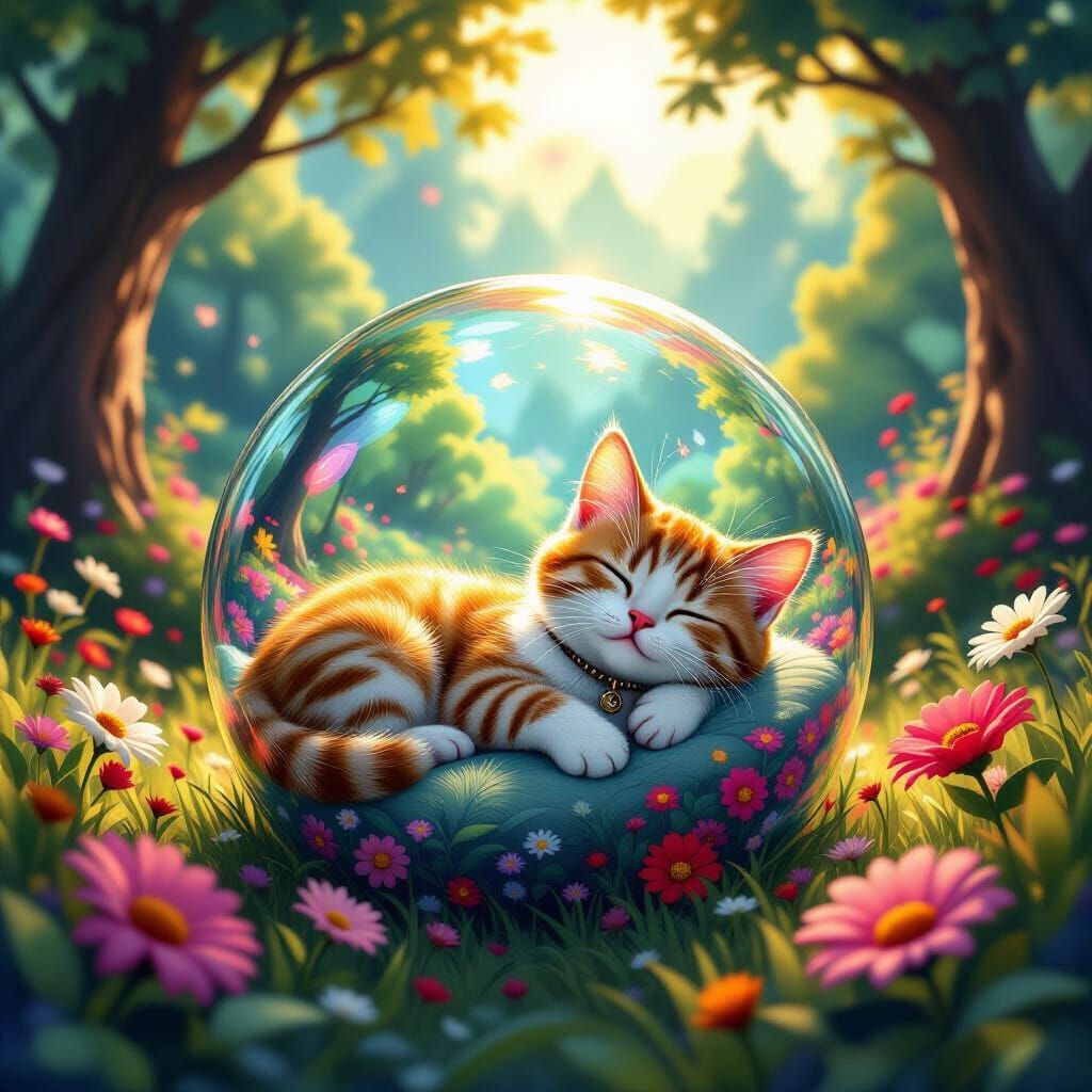 Tabby Cat Asleep in Glass Ball with Enchanting Landscape