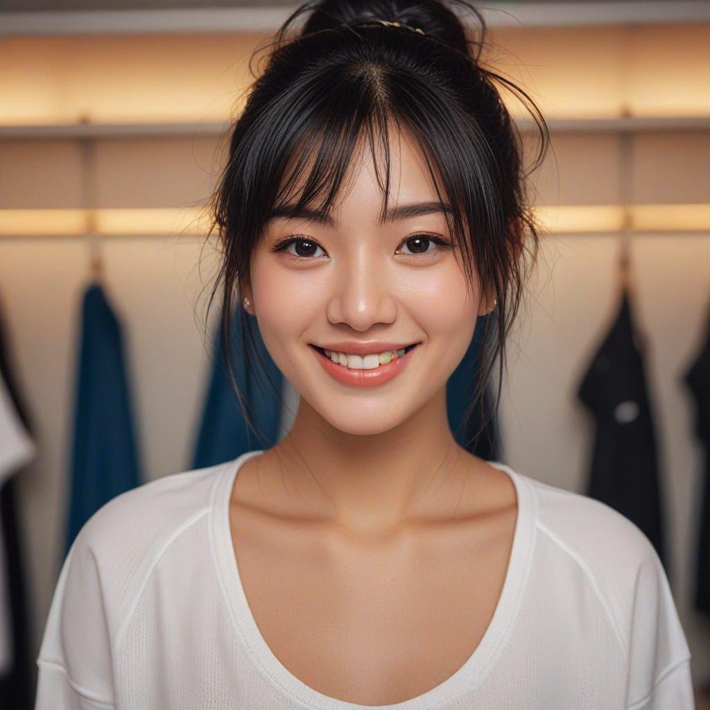 Beautiful Japanese Girl in White Sportswear, Digital Paintin...