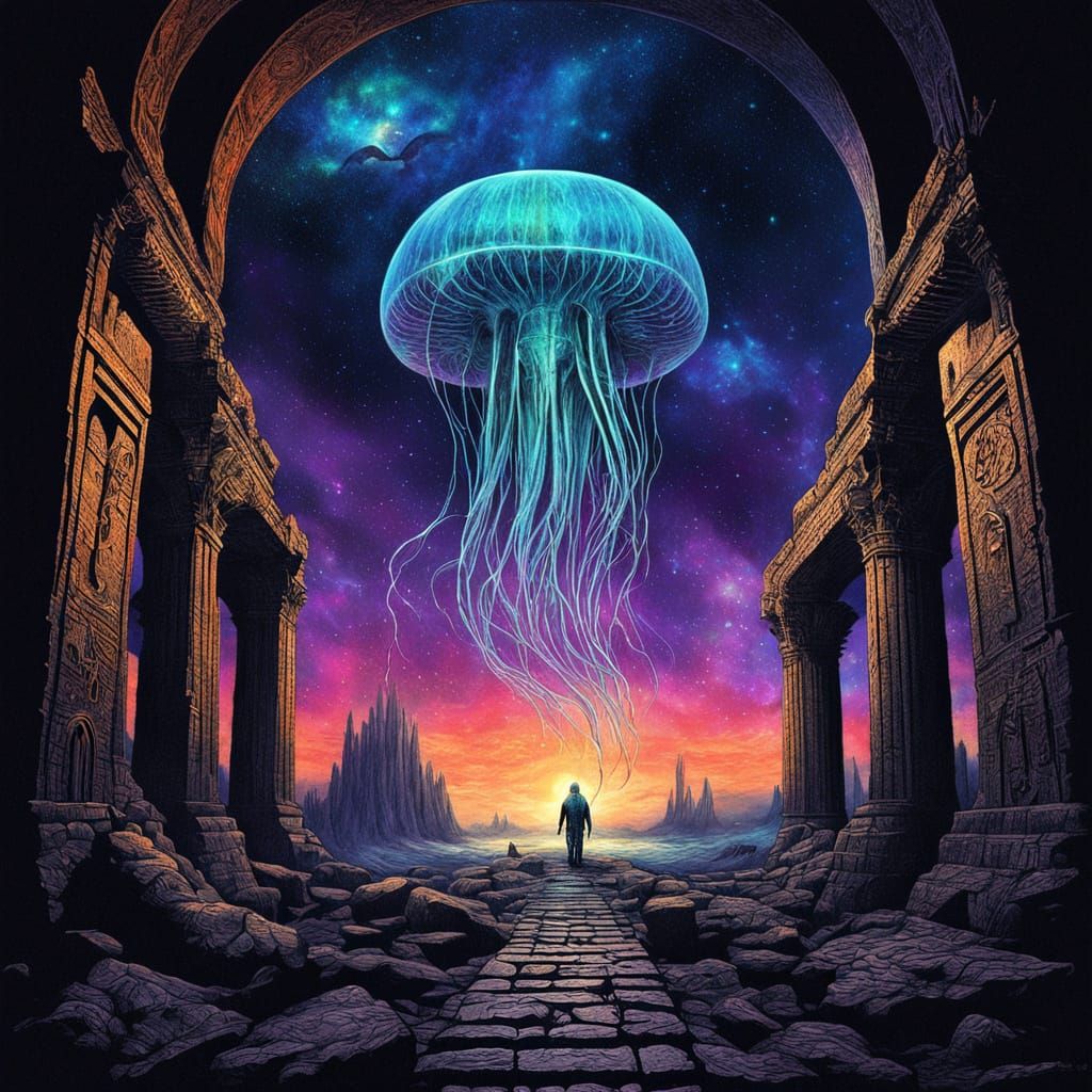 Bioluminescent Jellyfish in Sunken City Ruins