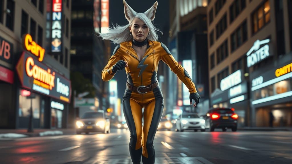Futuristic Silver Fox Sprinting through Bronx City Streets