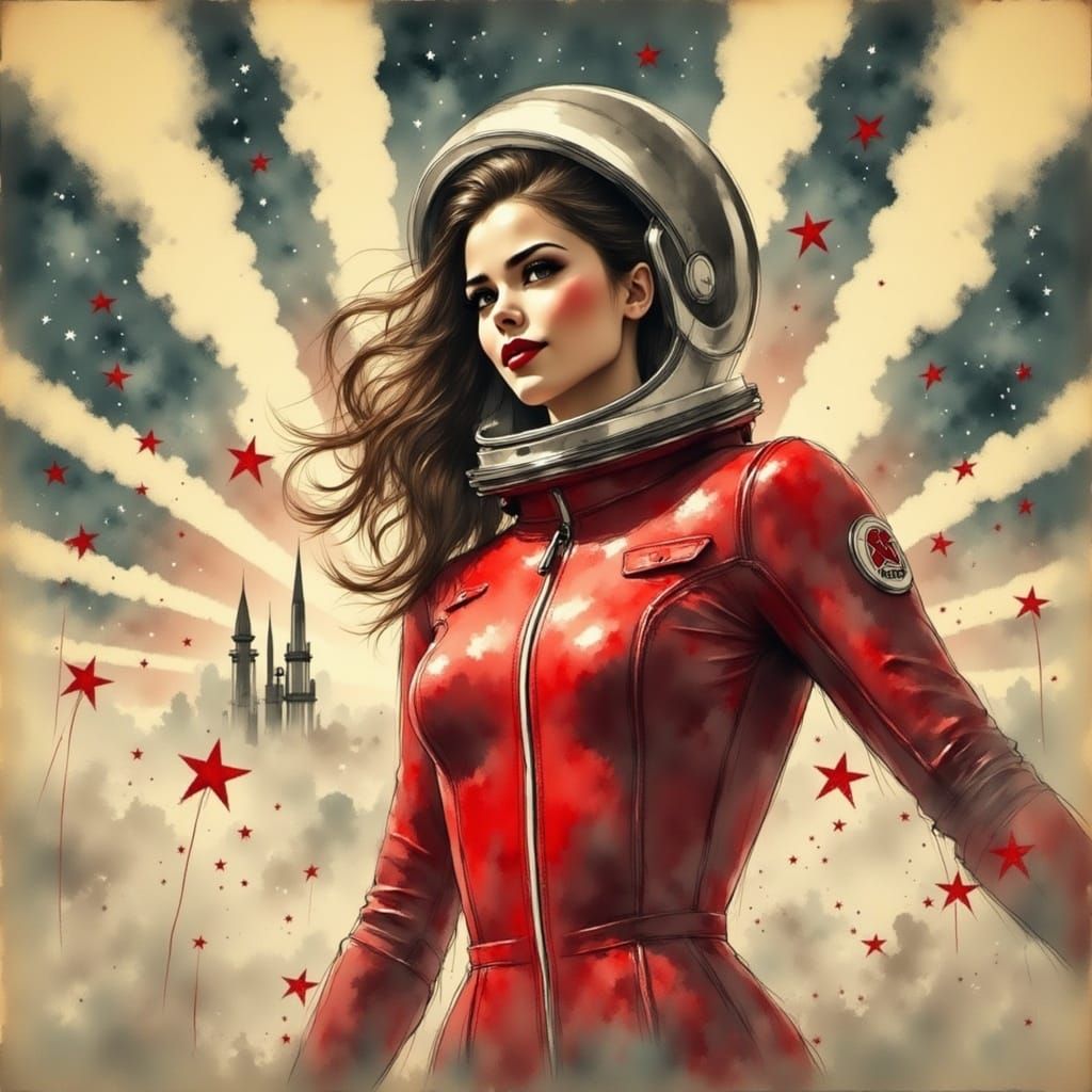 Glamorous Soviet Cosmonaut in Space Age Propaganda Art