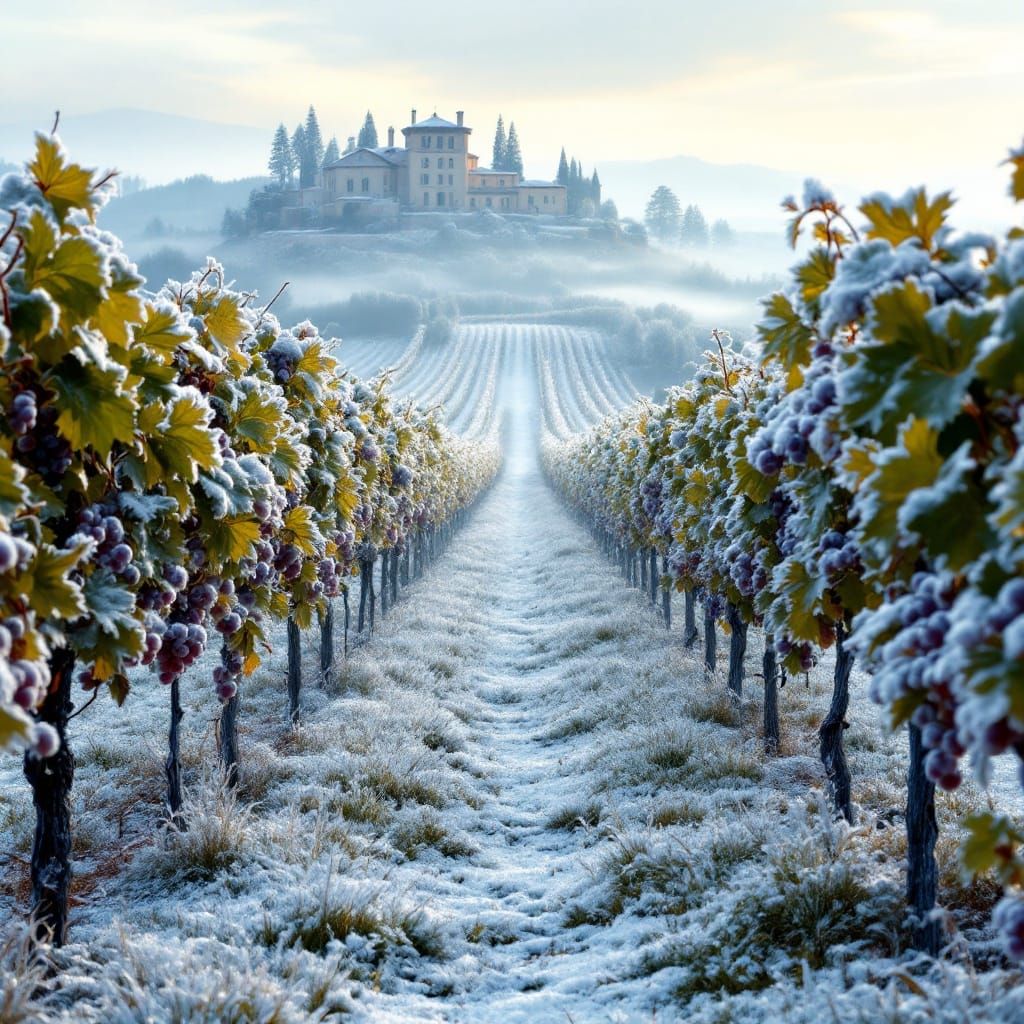 Frosty Tuscany Vineyard at Dawn in Hyperrealism