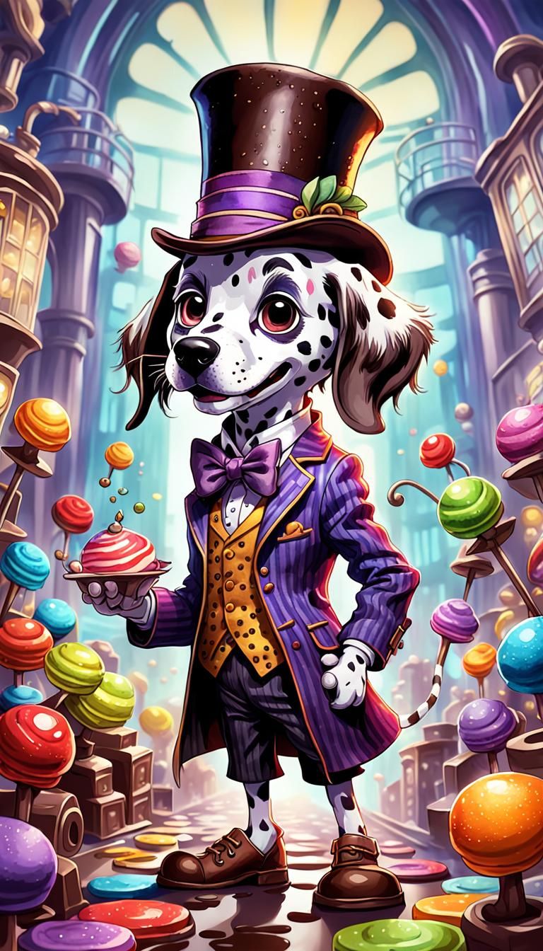 Chibi Dalmatian as Wonka in Watercolor Style