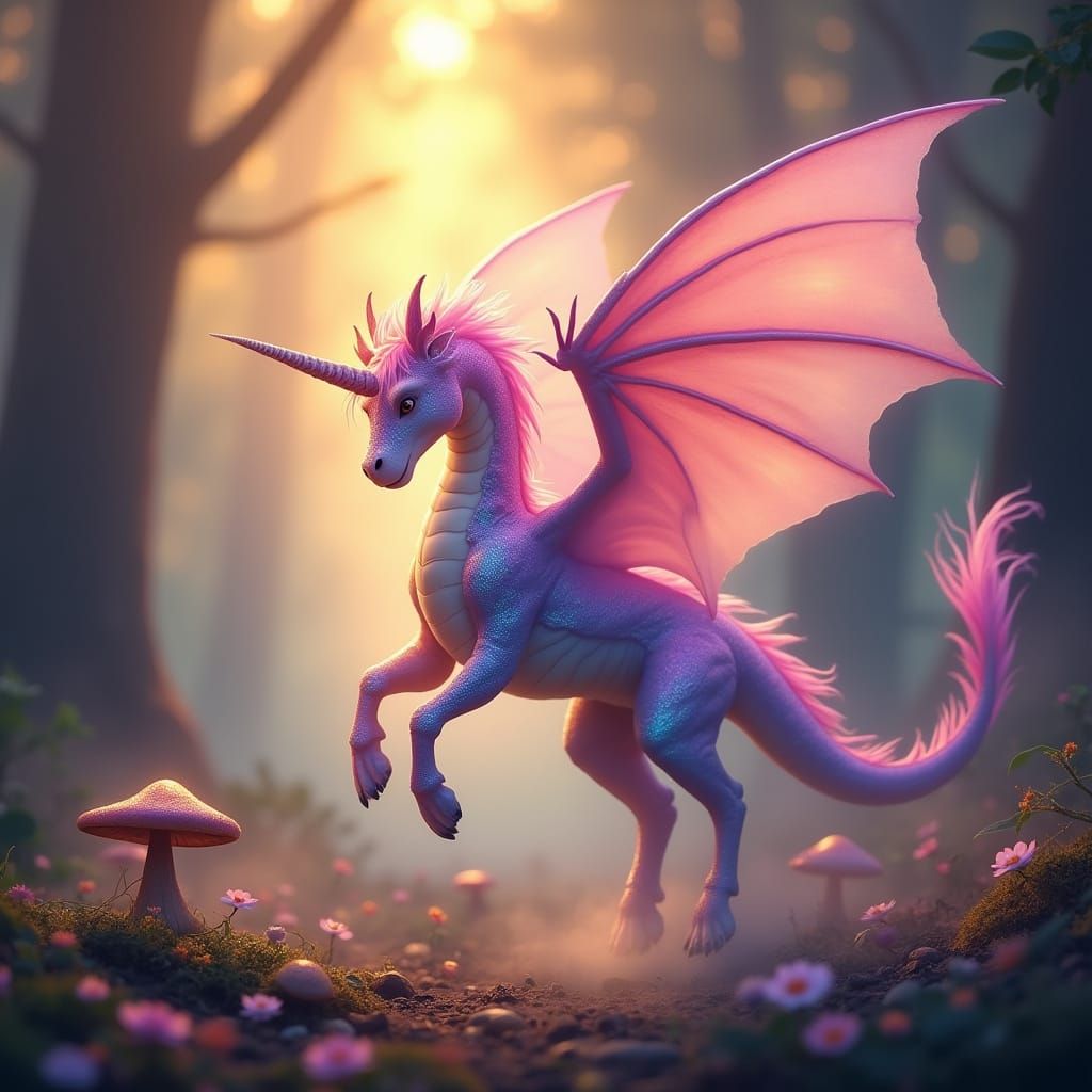 Ethereal Unicorn Dragon Soars Through Misty Forest at Sunset