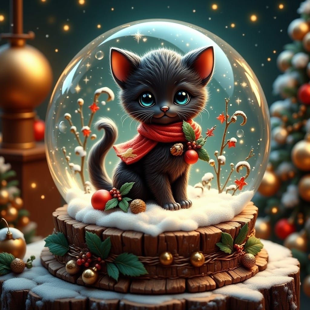 Black Kitten Whimsical Snow Globe