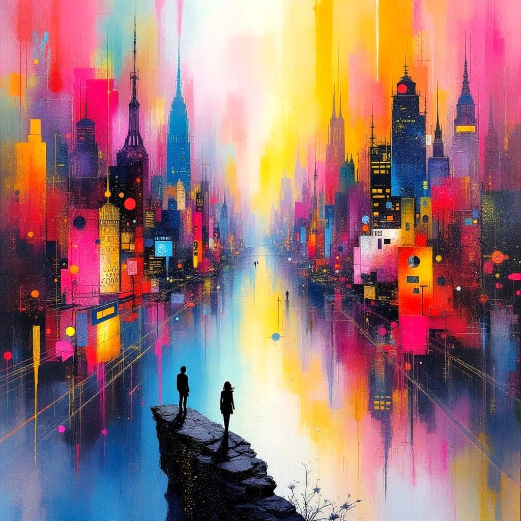 Euphoric Urban Dreamscape in Vibrant Mixed Media
