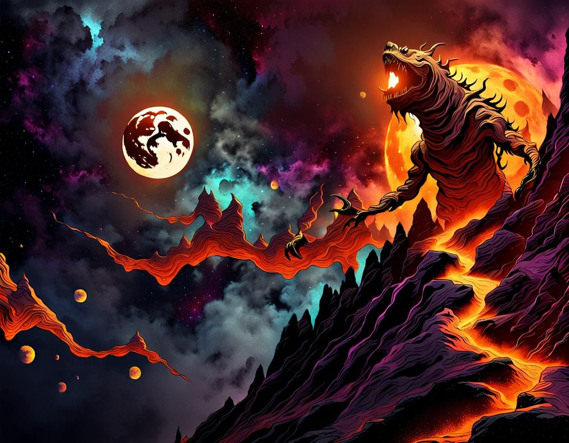 Eldritch Creature Under Colorful Moons in Dark Fantasy