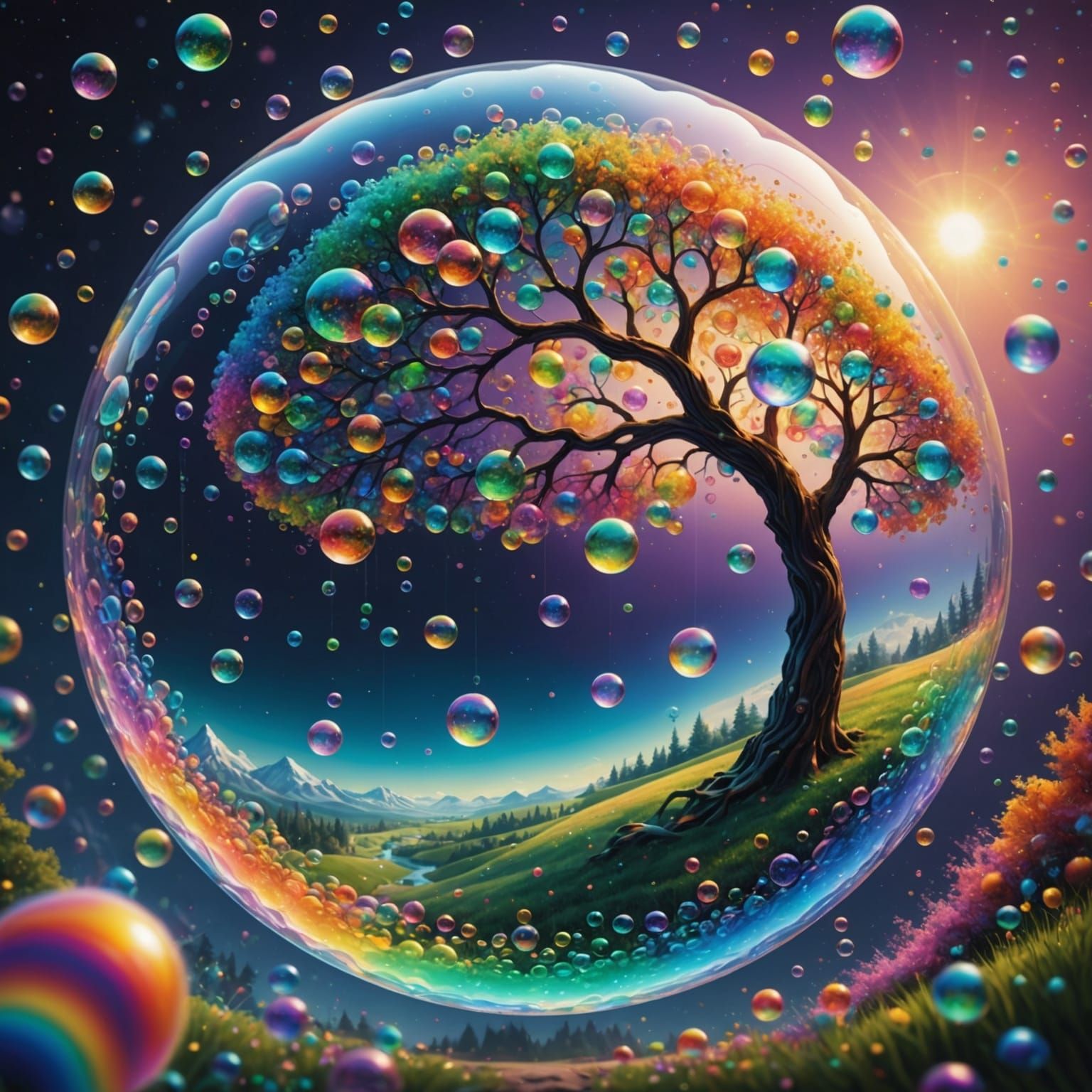 Iridescent Bubbles Swirling Around Rainbow Tree of Life