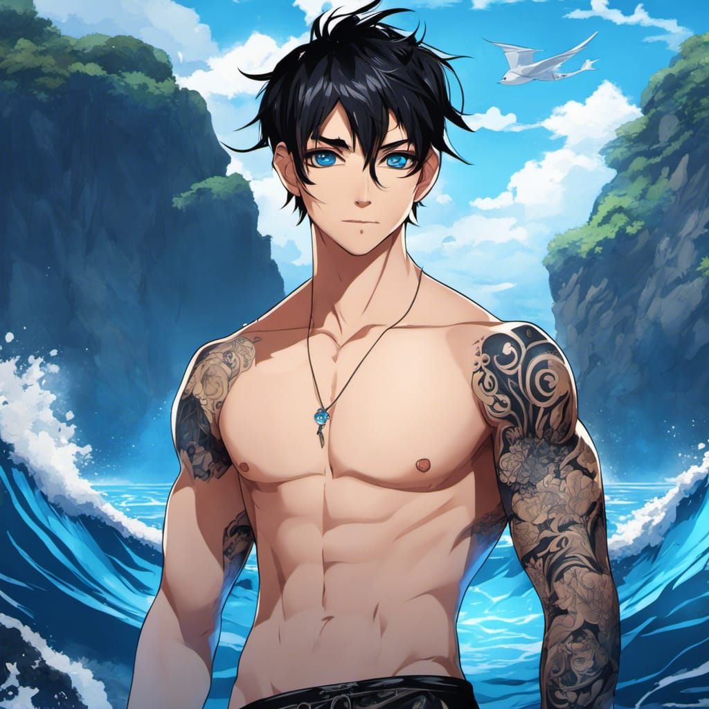 Anime Goth Boy with Tattoos at the Ocean