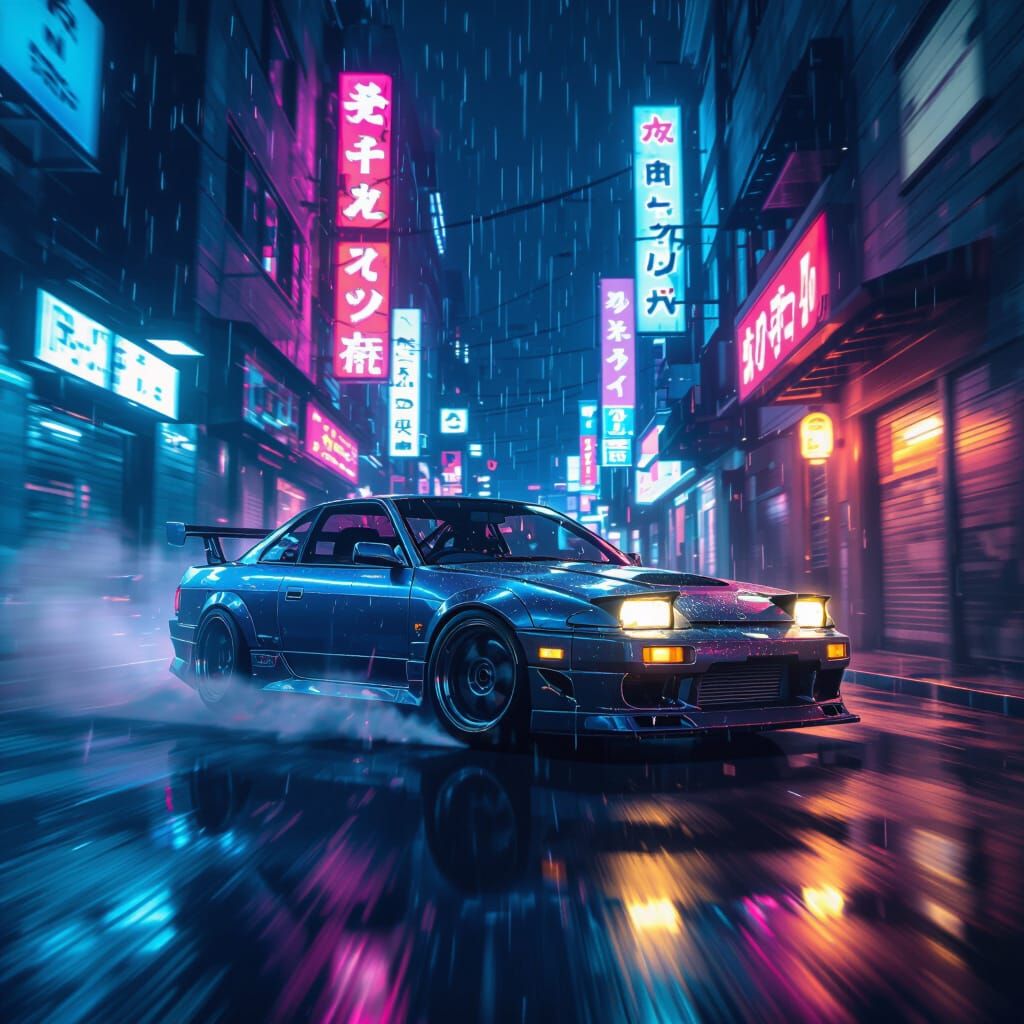 Silvia S13 Drifting in Neon Alleyway