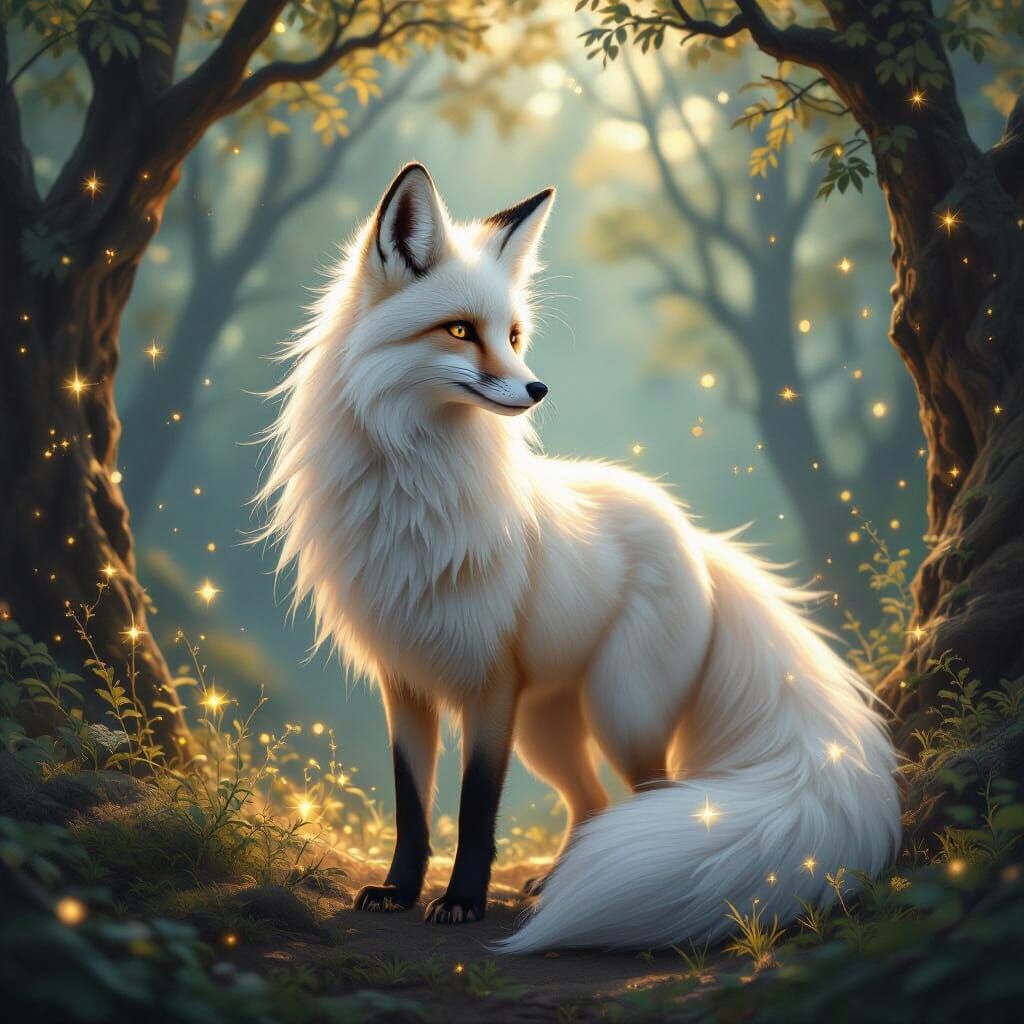 Luminous Digital Painting of a White Fox in Enchanted Forest