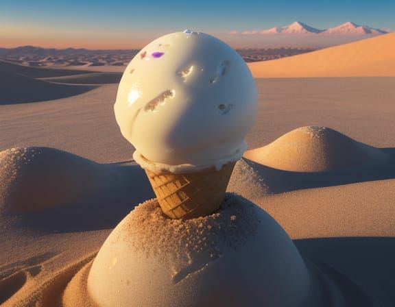 Melting Ice Cream in Desert Landscape, Surreal Oil Painting