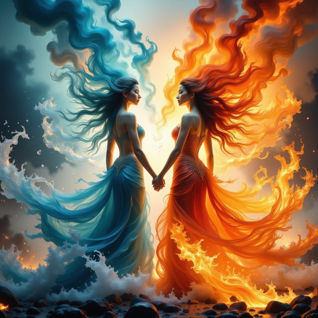 Water and Fire Spirits Clash in Ethereal Realm