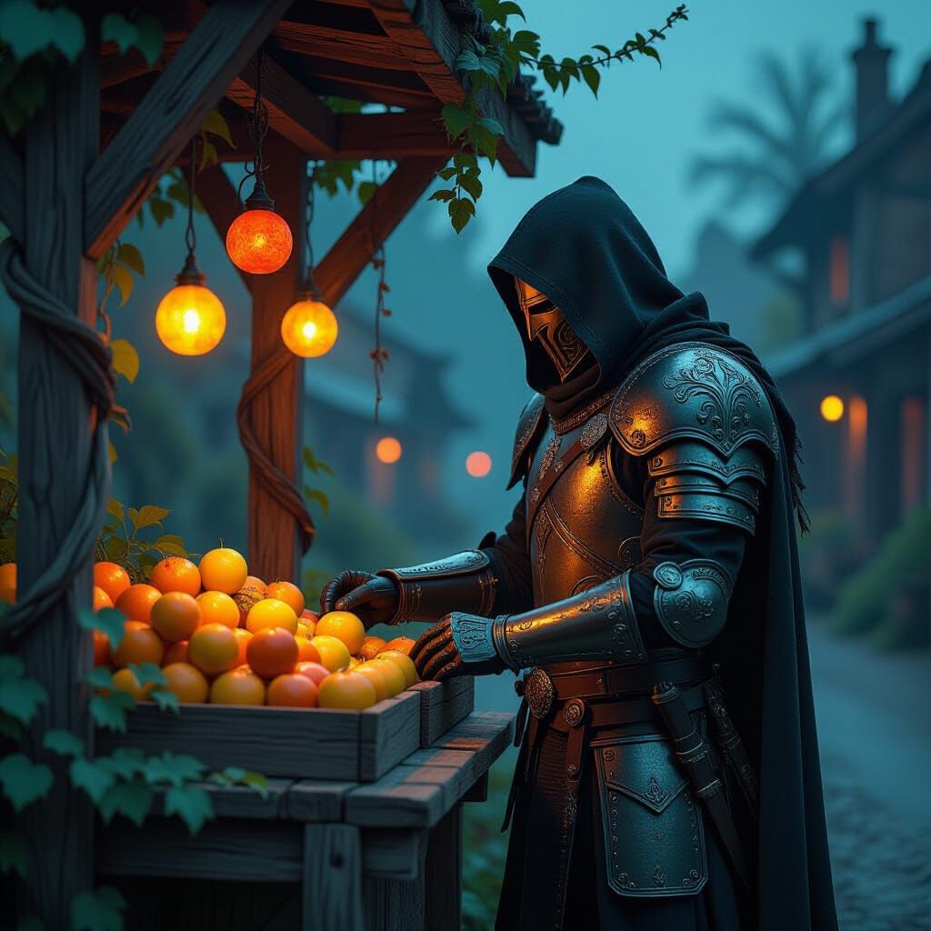 Knight Inspects Glowing Fruit at Rustic Stall
