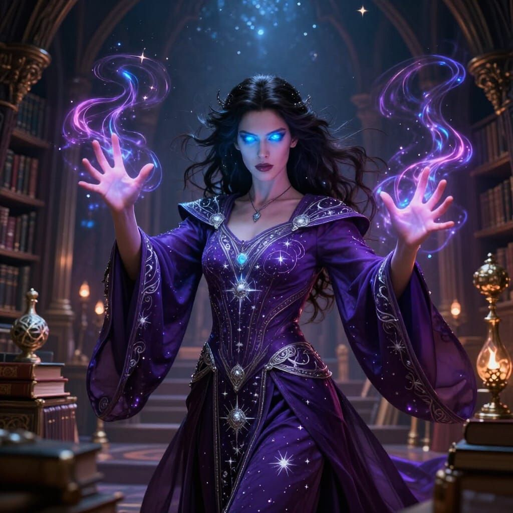 Female Sorceress Conjuring Magic in Arcane Library