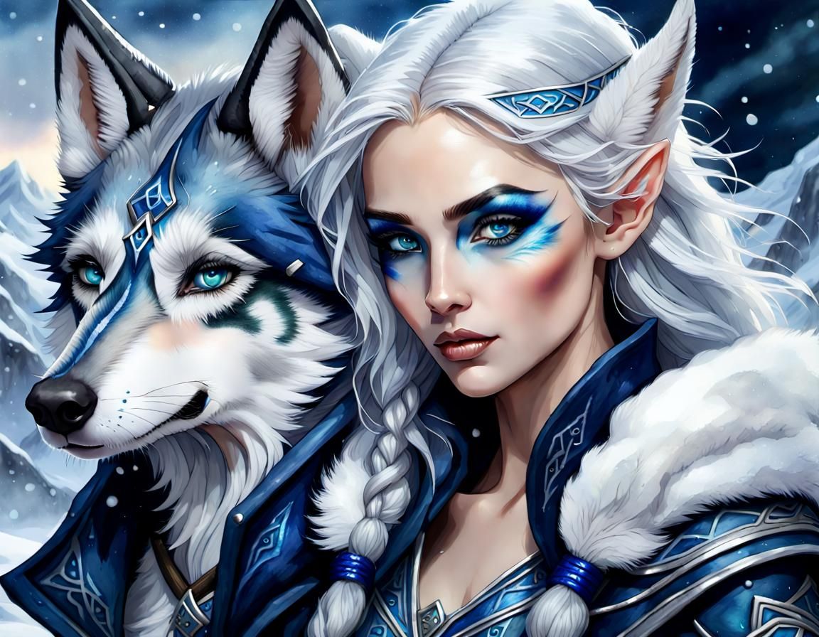 Elven Huntress Portrait with Husky, Watercolor Style