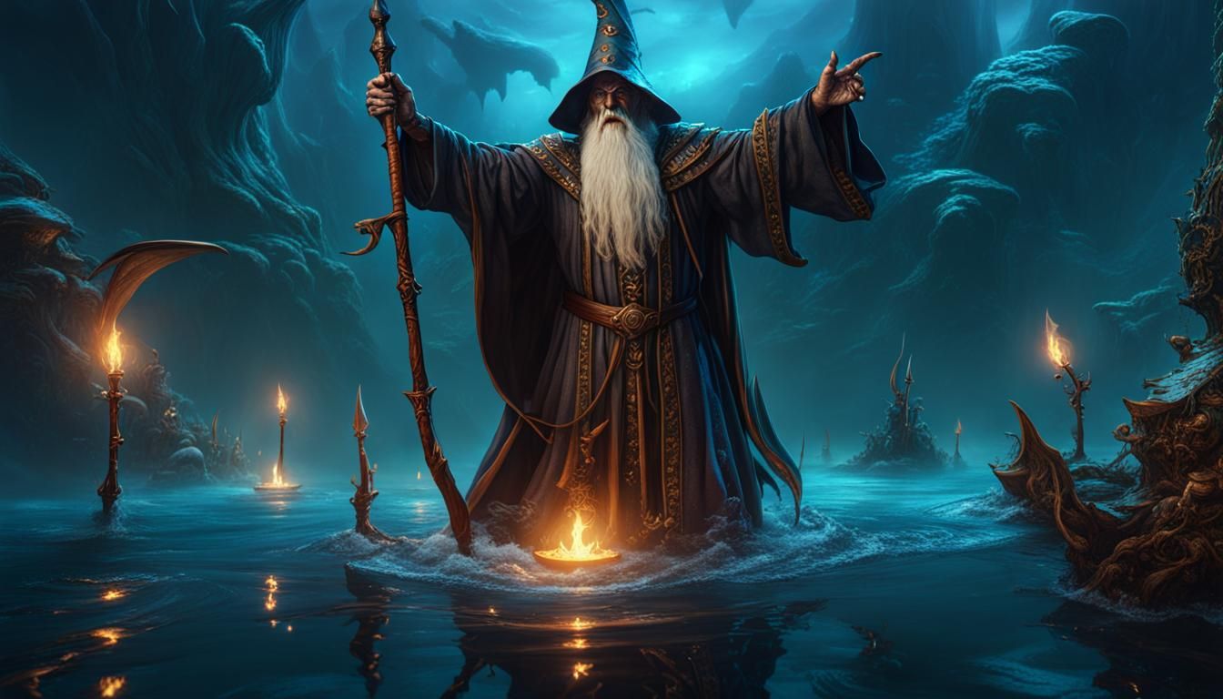 Wizard Floating Over Water Surrounded by Ghouls