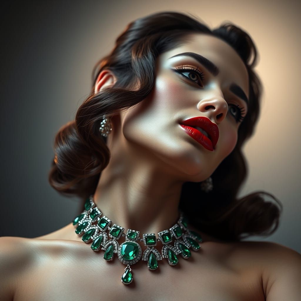 Elegant Woman with Emerald Necklace in Studio Lighting