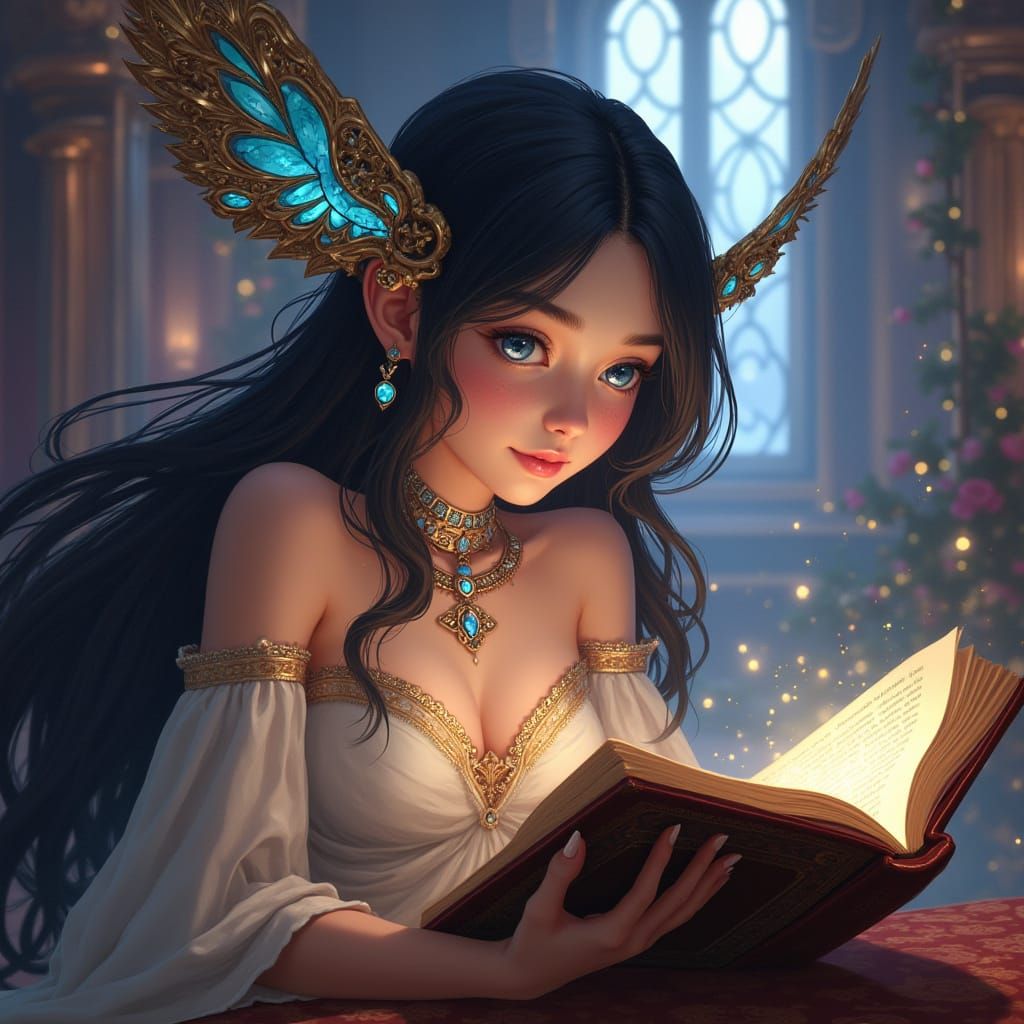 Mystical Maiden Contemplates Ancient Tomes in Whimsical Fant...