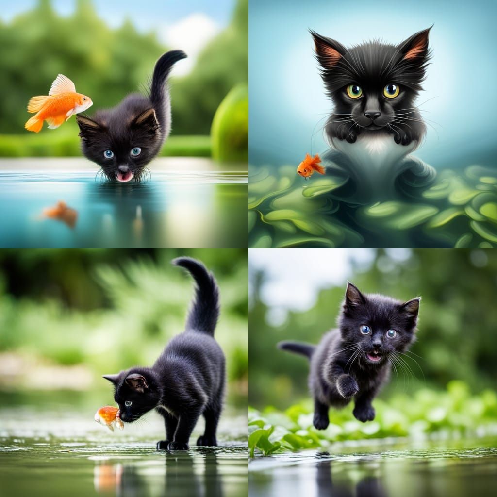Adorable Kitten Fishing for Goldfish in Pond