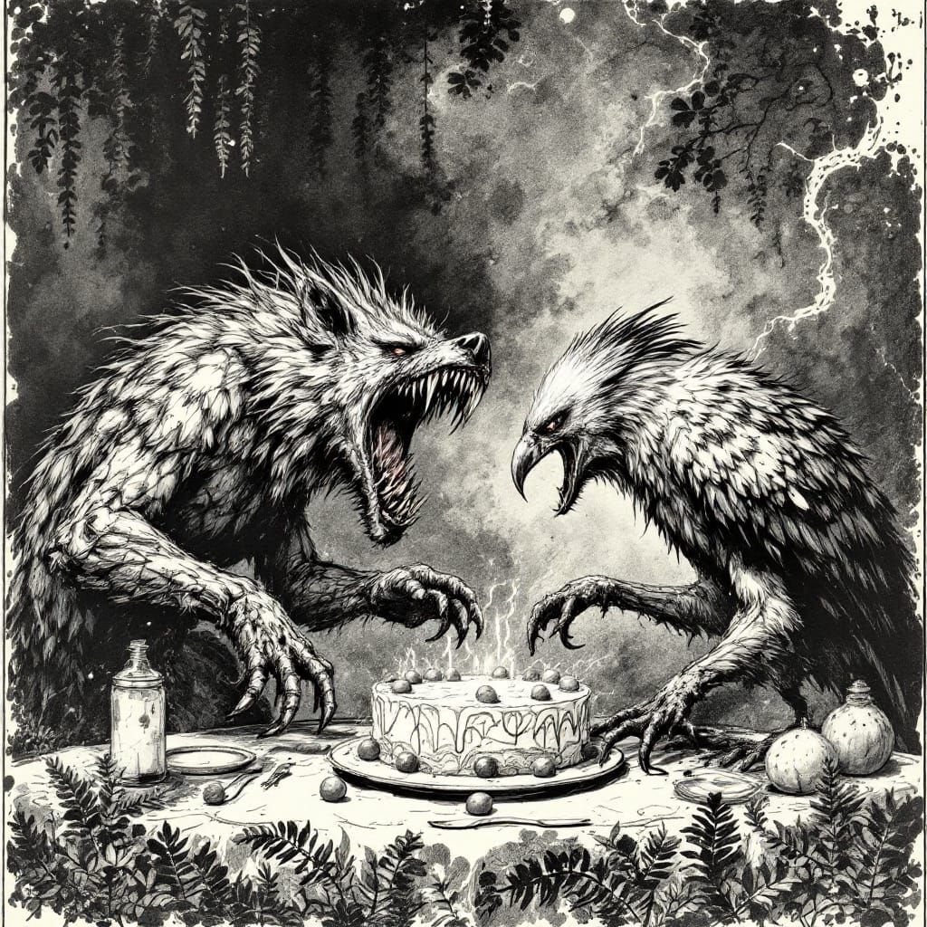 Fantasy Hyena & Vultures Squabble Over Cake