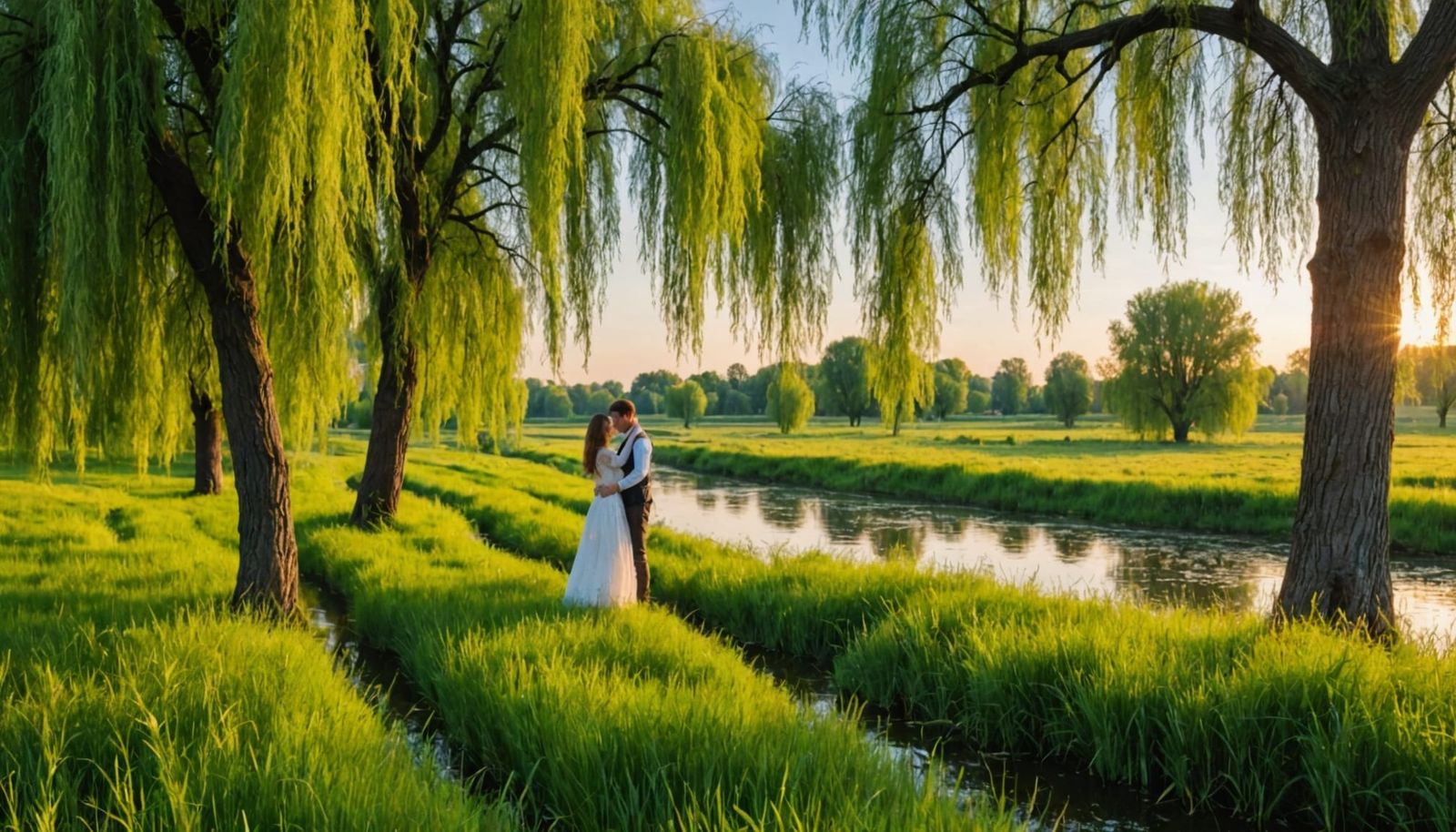 Romantic Sunset Meadow Scene with Willow Trees and River
