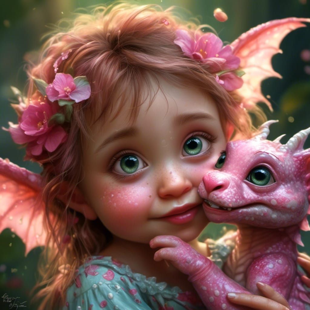 Fairy Girl and Baby Dragon in Fantasy World